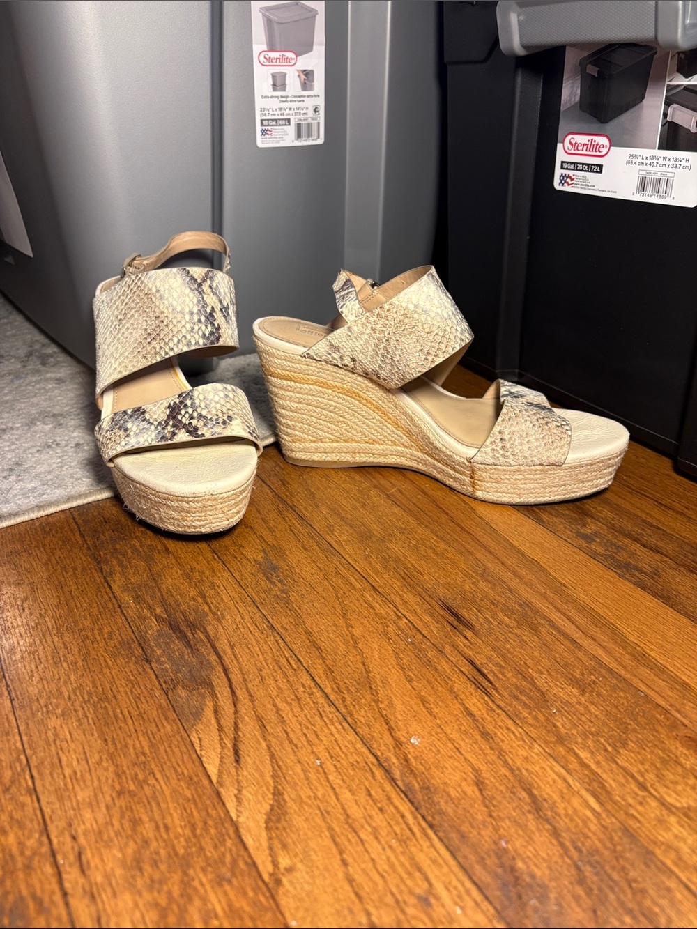 ANTONIO MELANI Beige Snake-Print Espadrille Wedge Sandals